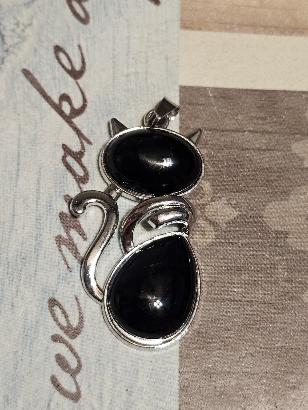 Silver Tone Black Agate Cat Pendant